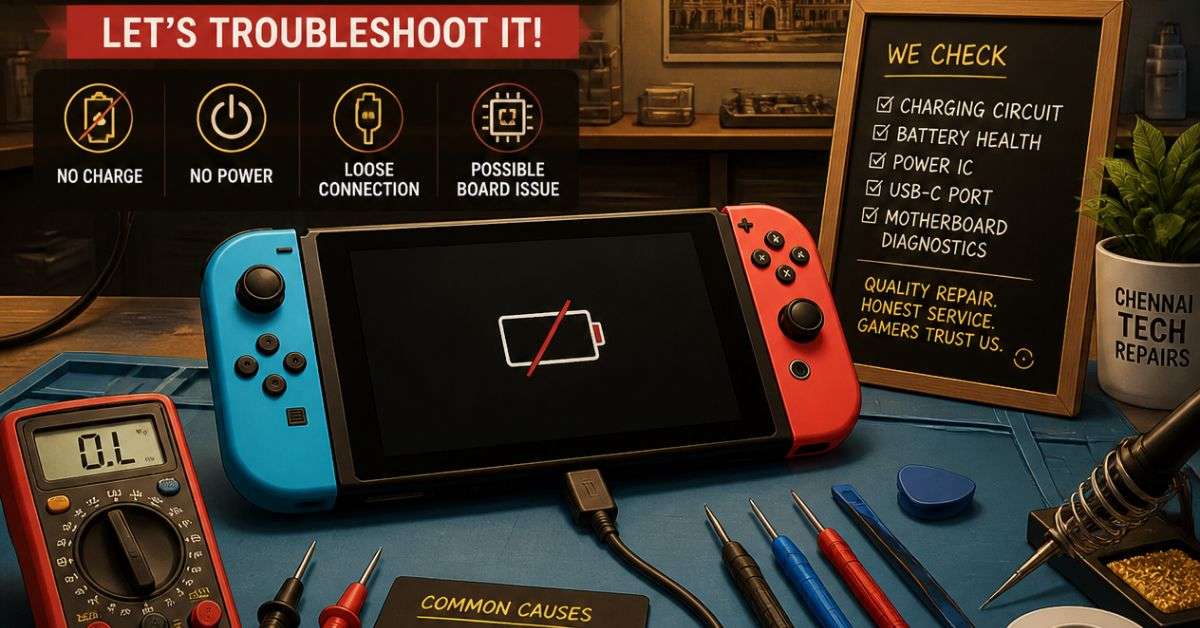Nintendo Switch charging port repair and battery troubleshooting at ConsoleFixit Chennai